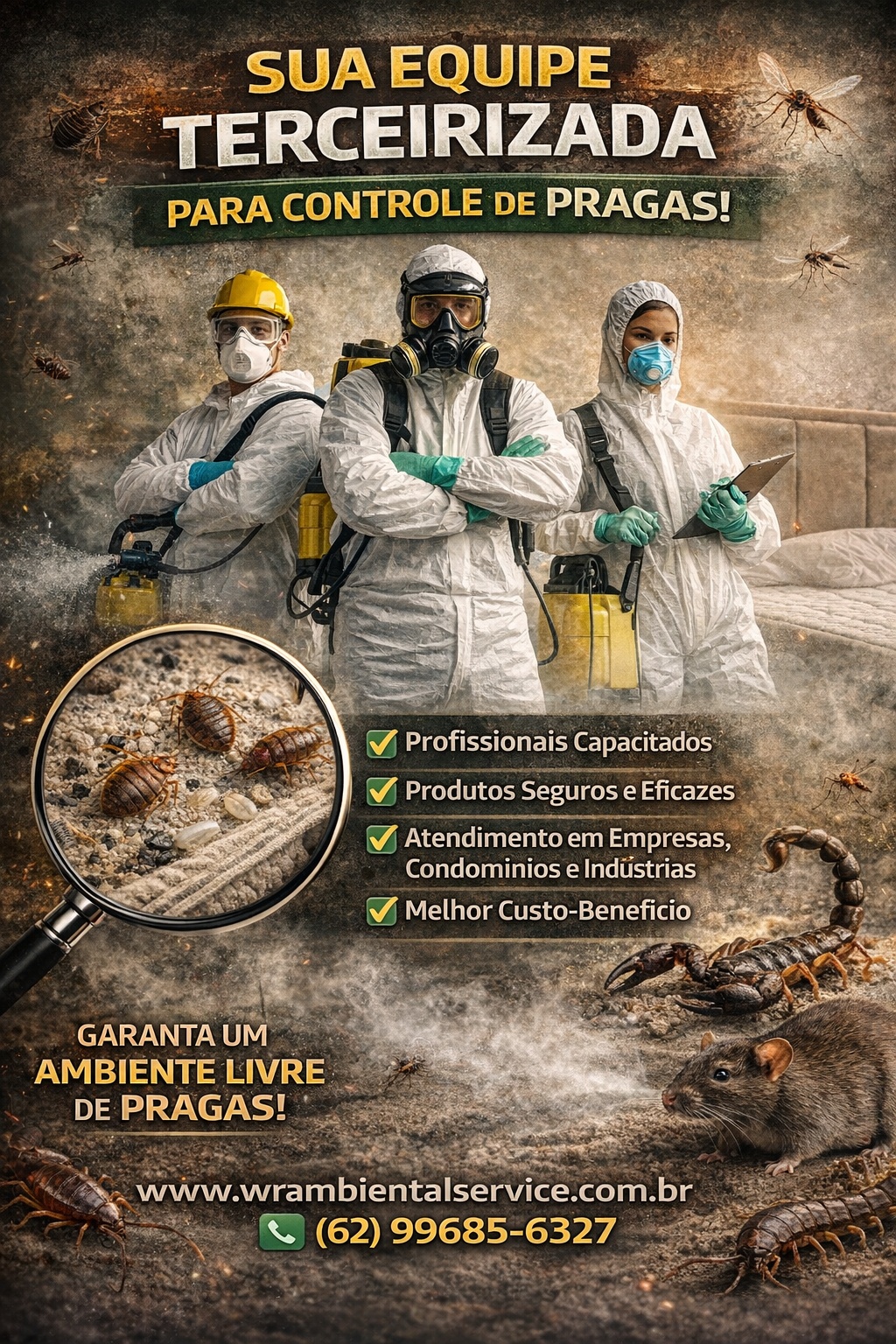 Empresa dedetizadora em Goianira, Goiás: controle de pragas urbanas profissional e ecológico. Especialistas em afastamento humano de morcegos com repelentes naturais cítricos, gel repelente e tamponamento seguro de acessos. Serviços para residências, empresas e indústrias em Goianira e região metropolitana de Goiânia. Produtos certificados, equipe qualificada e garantia de ambiente livre de pragas. Orçamento gratuito!